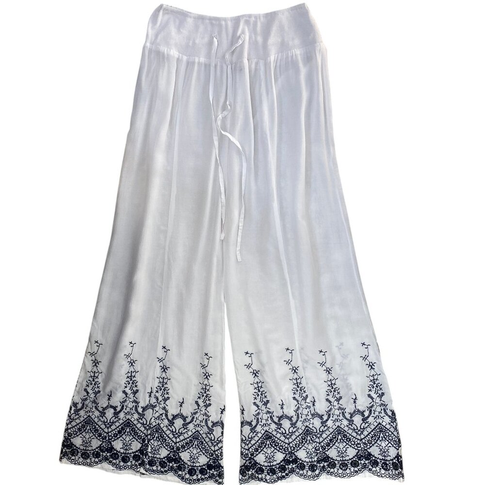 Mira Embroidered Wide Leg Pants Viscose Boho Pull-On Resort Vacation Flowy-XL